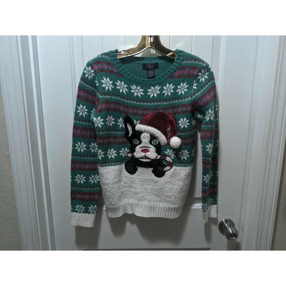 Puppy Dog French Bulldog Ugly Christmas Sweater Red Sequin Kids L It’s Our Time - Picture 1 of 7